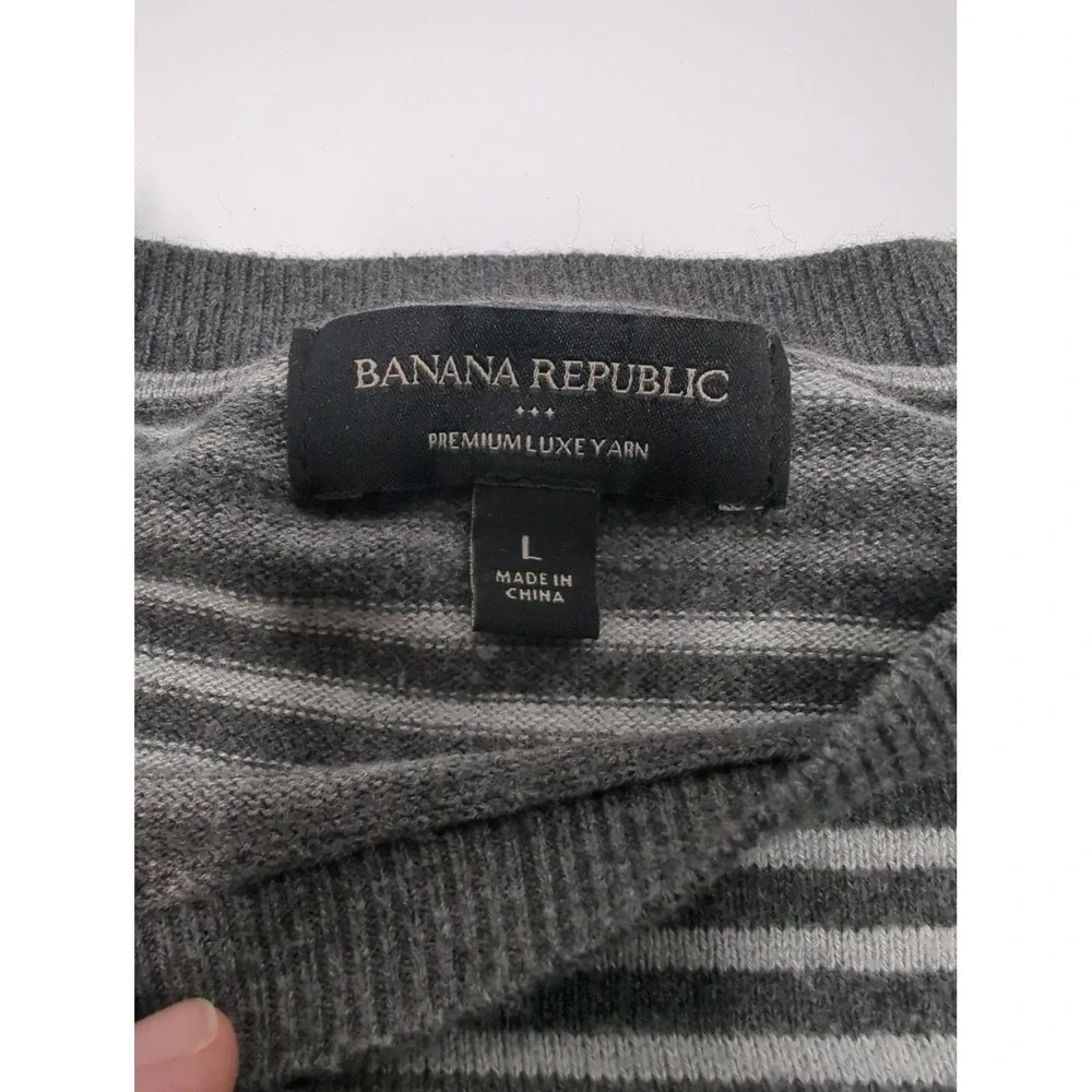 Banana Republic Mens L Gray Striped Cotton Cashmere Sweater Quiet Luxury Indie